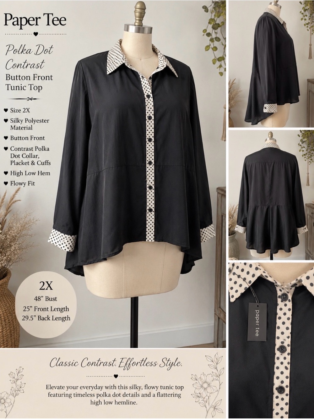 paper tee - Black Button-Down Shirt with White Polka Dot Trim - nwt